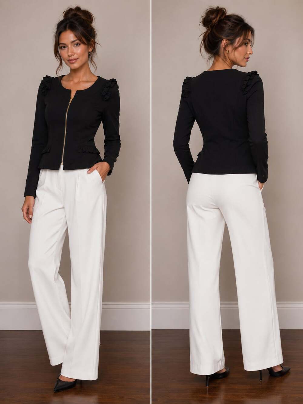 Yoana Baraschi black zip-up blazer with shoulder and pocket ruffles
M123